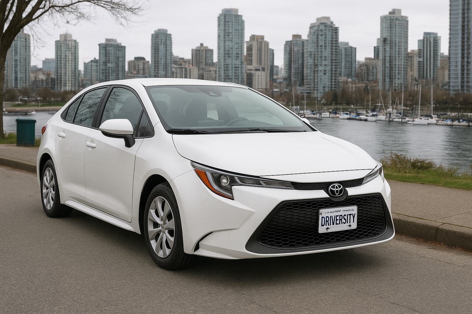 White Toyota sedan parked near a body of water with a city skyline of high-rise buildings in the background.