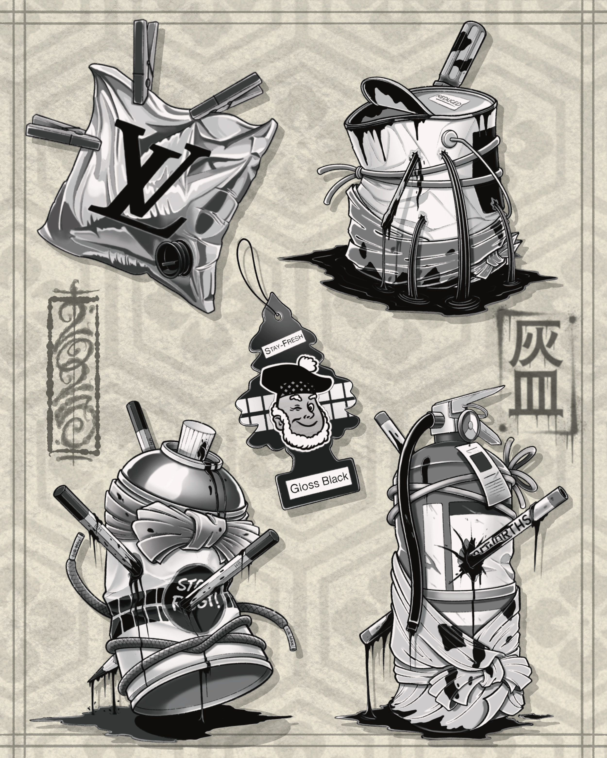 brisbane-tattoo-artist-flash-neotrad-illustrative-blackandgrey-graffiti-namakubi-spraycan-fireextinguisher-rustoleum-airfreshner-bucketpaint-paintbucket-louisvuitton-goonbag-designs.PNG