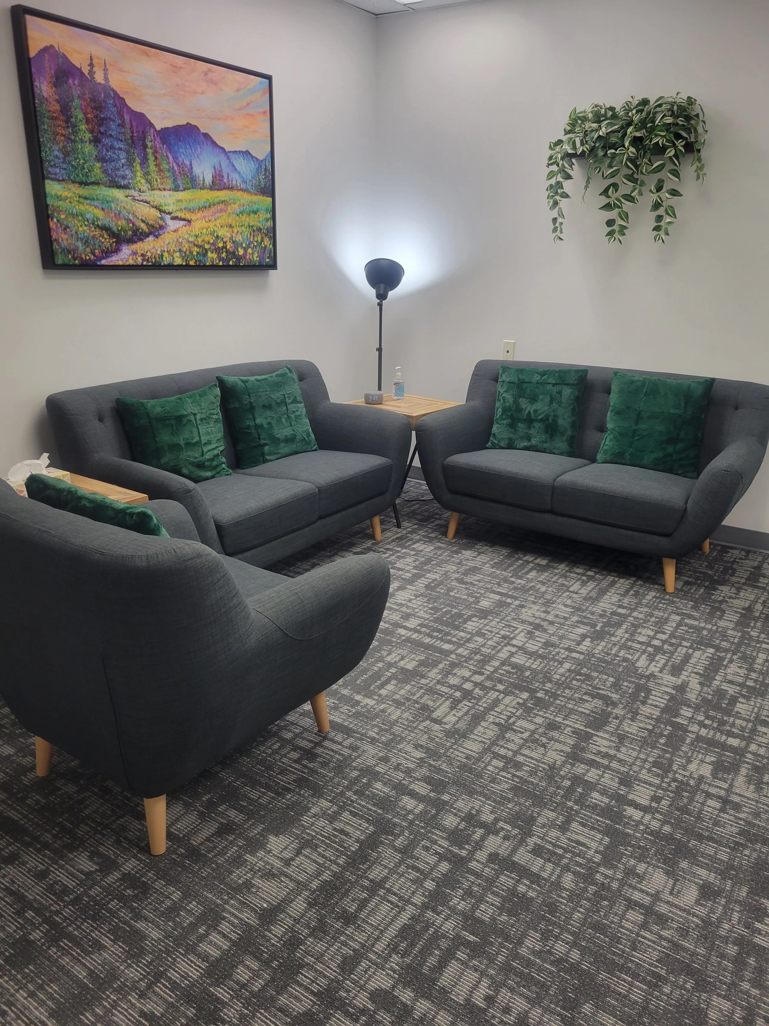 A waiting or lounge area with two grey sofas, each with green velvet pillows, a wooden side table with a hand sanitizer bottle, digital clock, and lamp, a wall-mounted colorful landscape painting, a wall-mounted plant, and a patterned carpet.