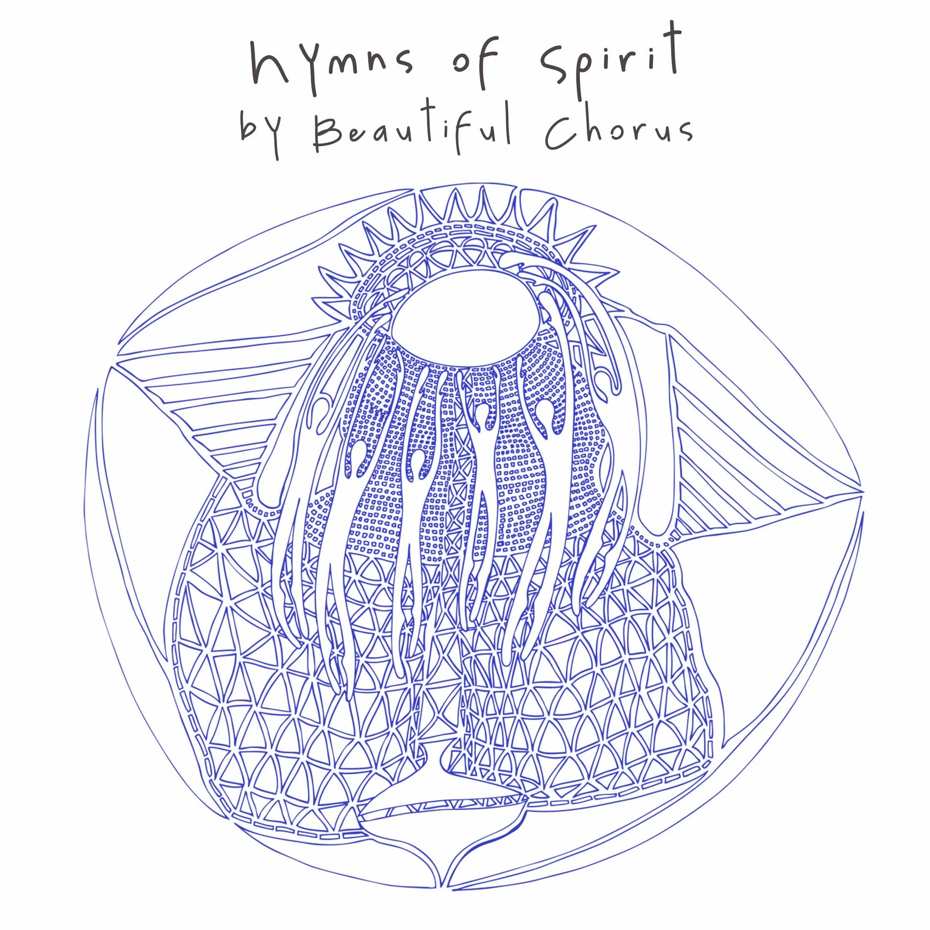 Coloring page with the title 'hymns of spirit by beautiful chorus' and a stylized drawing of a jellyfish with geometric patterns.