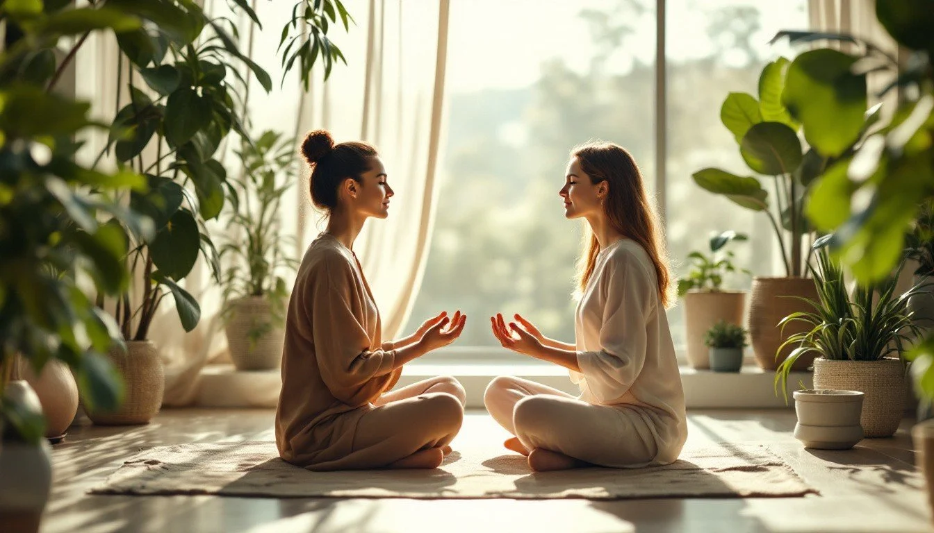 Two women sitting cross-legged on a rug, facing each other indoors with sunlight streaming in through large windows, surrounded by potted plants, engaging in a peaceful, possibly meditative or conversations activity.