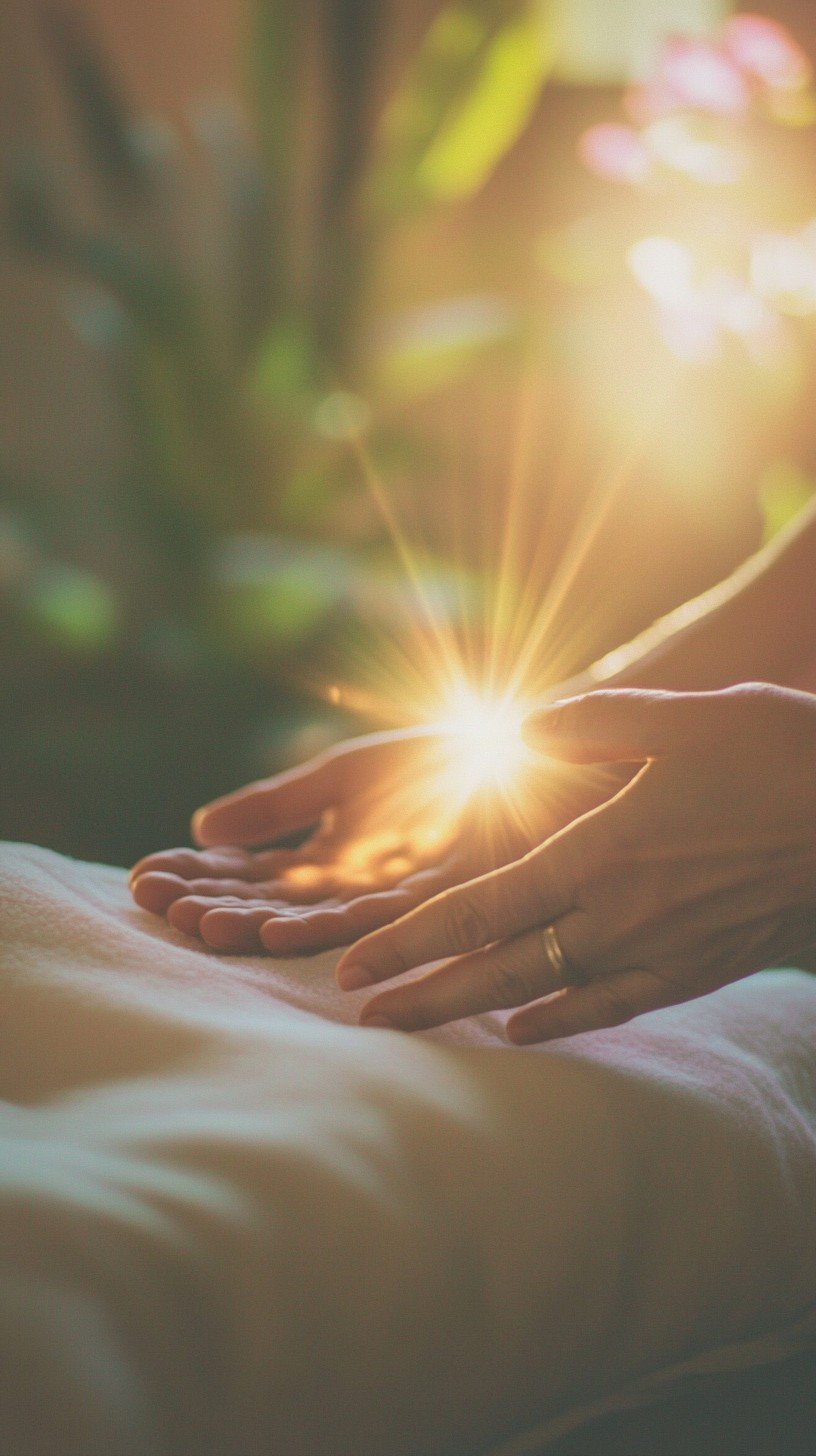 A person's hand gently resting on another person's hand, with sunlight shining between them, creating a warm and glowing effect.