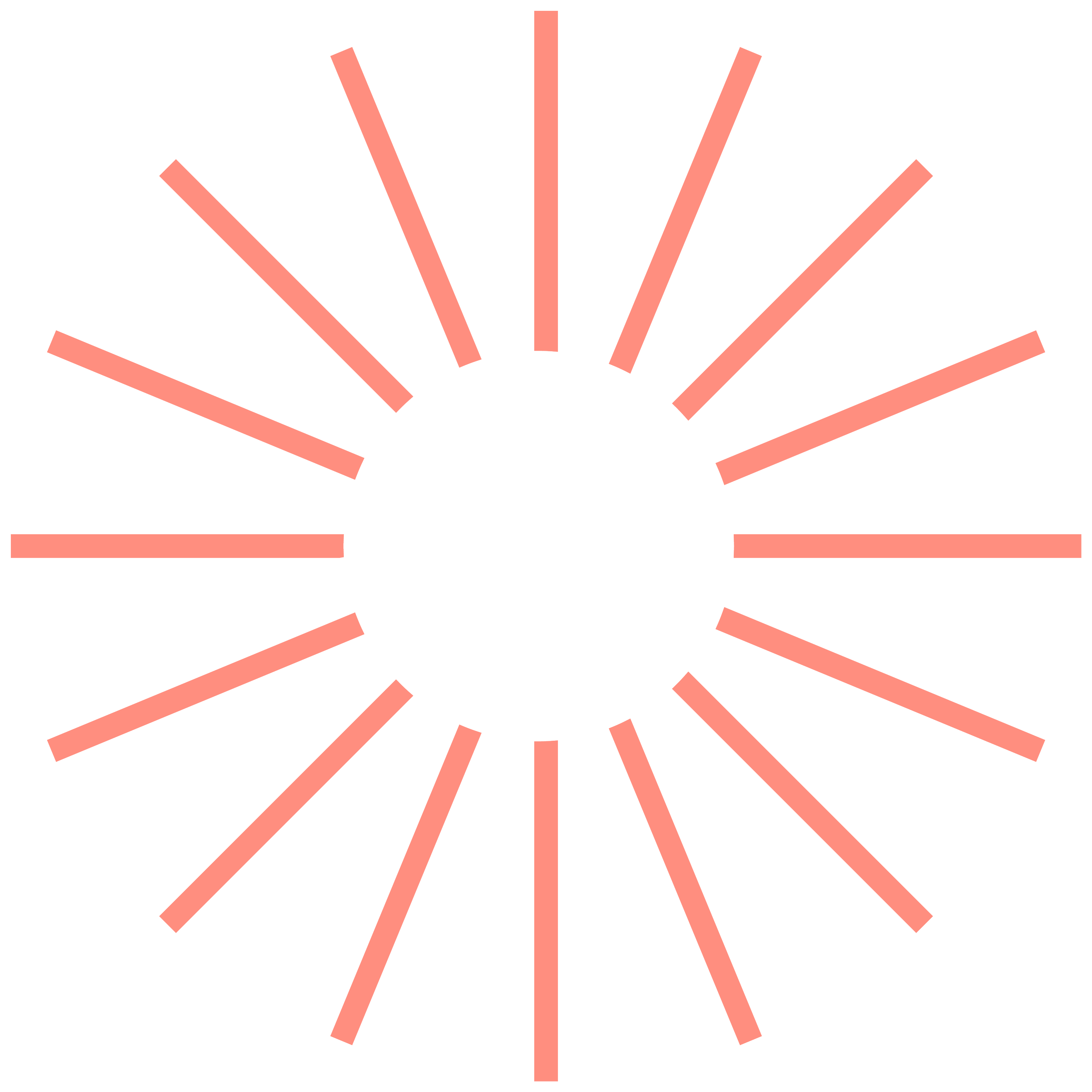 A minimalist, stylized pink sunburst graphic with lines radiating outward from a central circle against a black background.