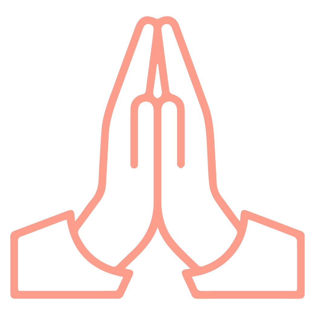 Neon outline of two hands pressed together in prayer or greeting.