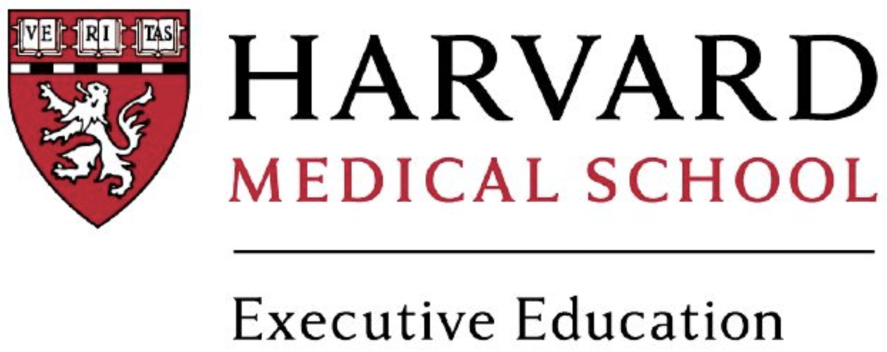 Harvard Medical School logo with shield crest featuring a lion, and text that reads "Harvard Medical School" and "Executive Education".