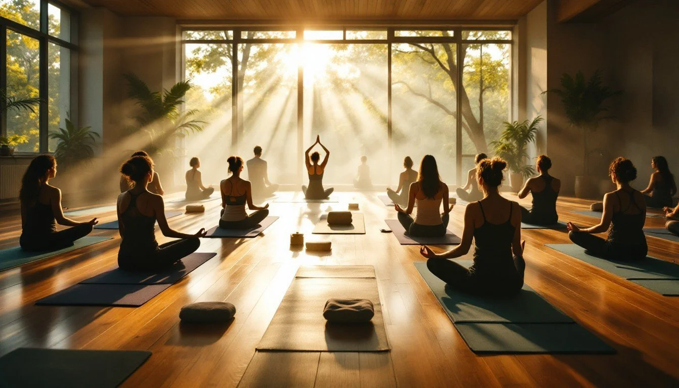 Yoga class in a sunlit studio with large windows, people sitting on mats in a meditative pose, led by instructor in a seated pose with hands raised above head.
