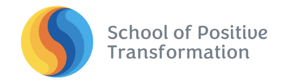 Logo of the School of Positive Transformation, featuring a colorful abstract globe with blue, orange, yellow, and red sections.