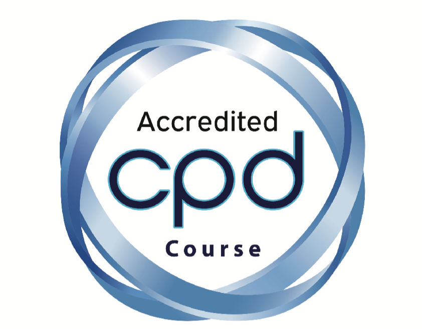 A circular logo with blue swirling rings and the text 'Accredited CPD Course' in the center.