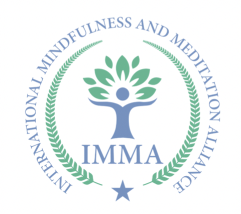 Logo of the International Mindfulness and Meditation Alliance (IMMA) featuring a tree with a person at the center, surrounded by green laurel branches and a blue star at the bottom.