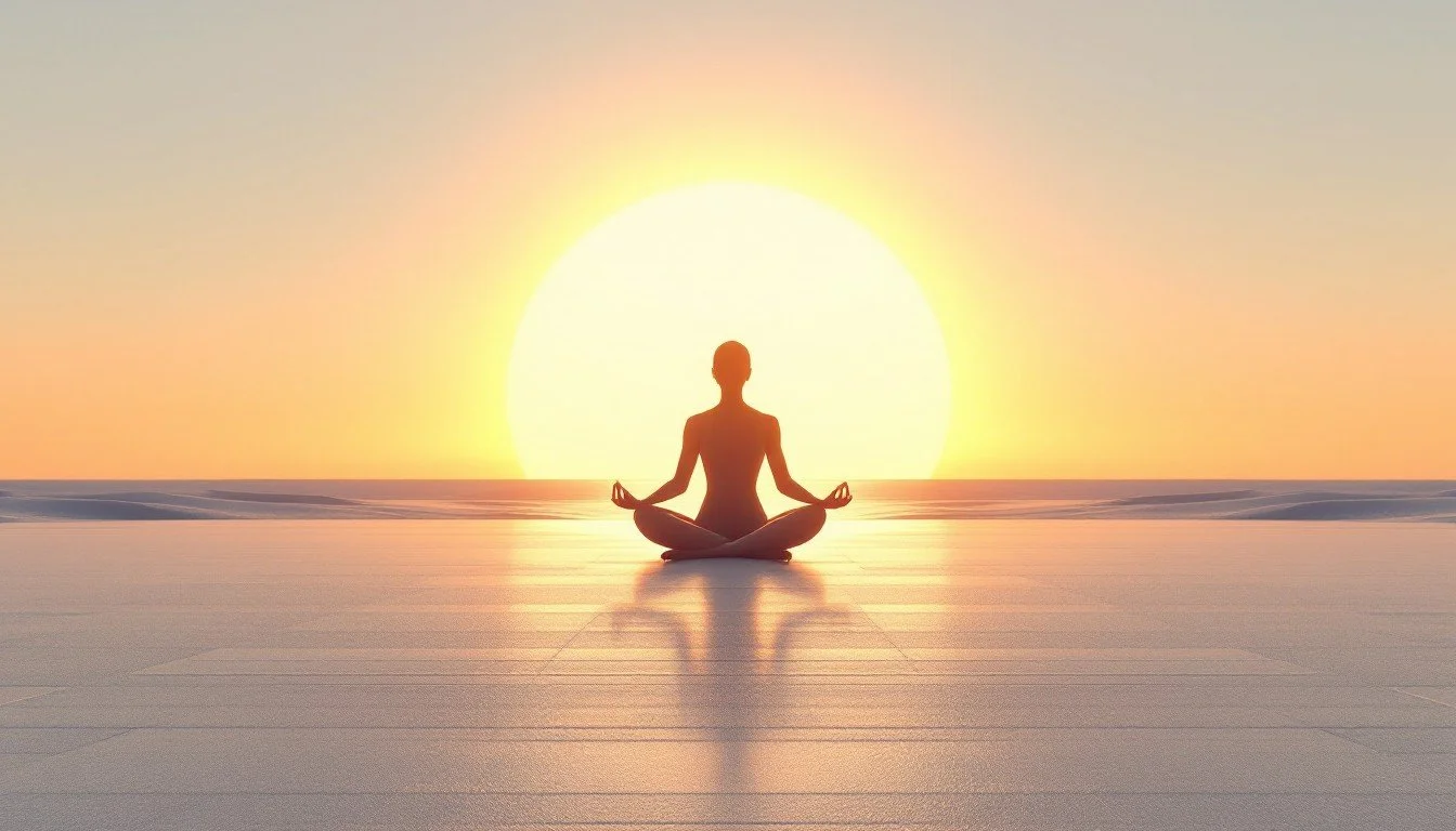 Person practicing yoga in meditation pose on a beach at sunrise or sunset.