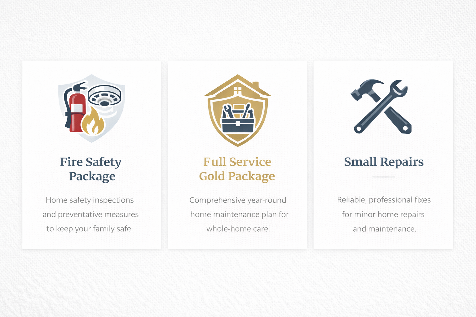 Three service packages for home maintenance: Fire Safety Package with fire extinguisher and smoke detector, Full Service Gold Package with house and tools, Small Repairs with hammer and wrench.