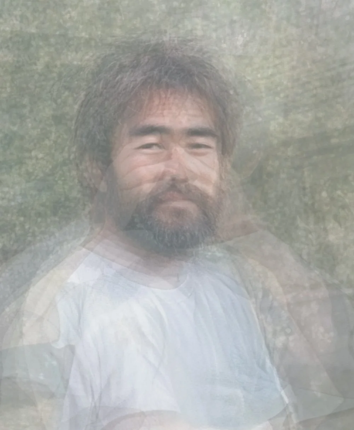   Taken in 2002 in Elk Grove, CA, tired Hispanic-Filipino man covering his face in his backyard  2025 Inkjet print 25.5 × 21” 