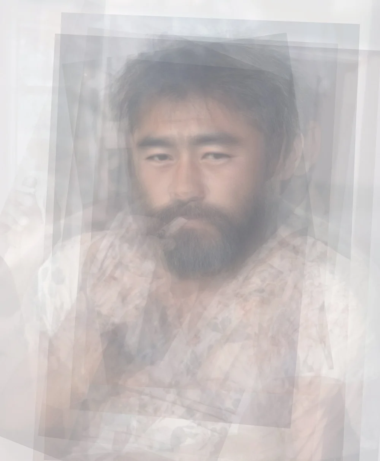   Taken in 1999 in Sacramento, CA, tired Hispanic-Filipino man on the porch smoking a cigarette  2025 Inkjet print 25.5 x 21” 
