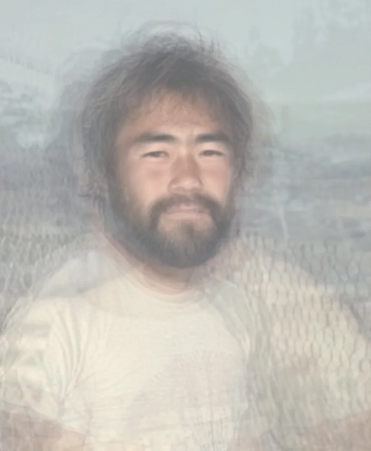   Taken in 1992 in Santa Cruz, CA, tired Hispanic-Filipino man with a peaceful grin on his face by the ocean  2025 Inkjet print 25.5 x 21” 
