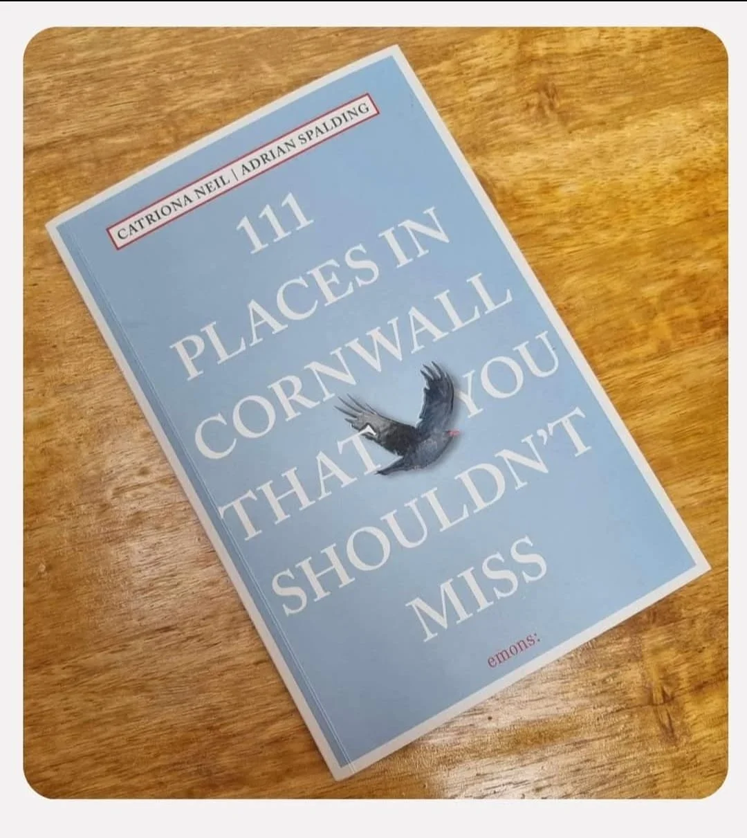 A paperback book titled '111 Places in Cornwall That You Shouldn't Miss' outline on a wooden surface with a flying pigeon illustration on the cover.