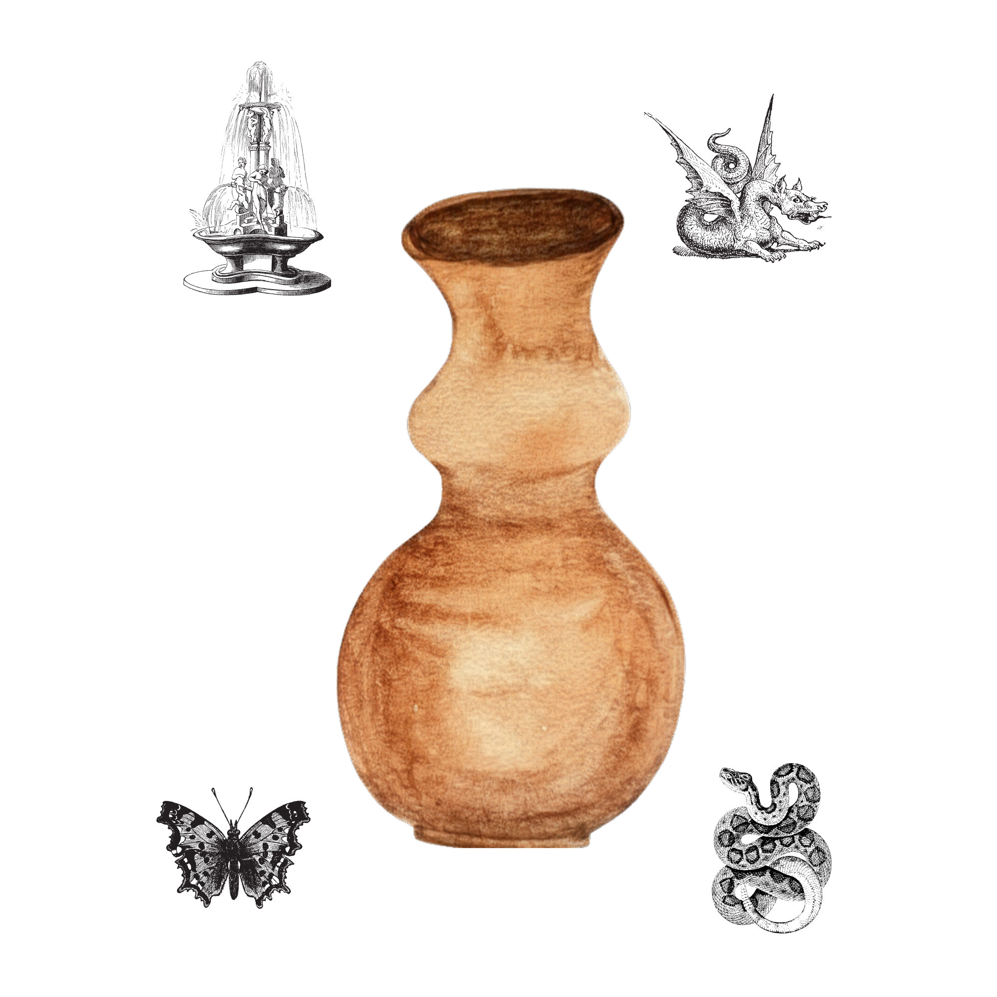 A wooden goblet in the center with black and white illustrations of a fountain, a butterfly, a snake, and a dragon. Vessel is a healing collective of depth and somatic psychotherapists dedicated to going deeper than symptom reduction.