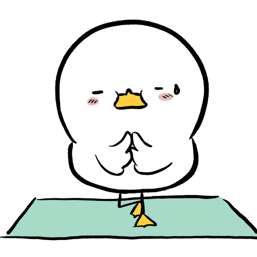 Cartoon duck with closed eyes and a small sweat drop, sitting on a mat with its hands together in prayer or gratitude.