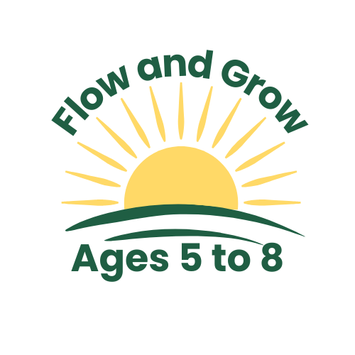 Sunrise with the text 'Flow and Grow' and 'Ages 5 to 8' in green, curved above and below the sun.