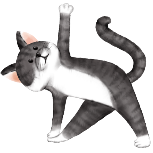 A cartoon illustration of a gray and white striped cat lying on its back with one paw raised.