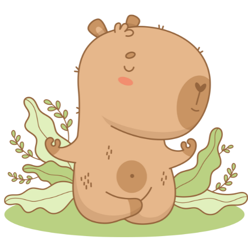 Cute cartoon capybara sitting with a joyful expression, surrounded by green leaves.