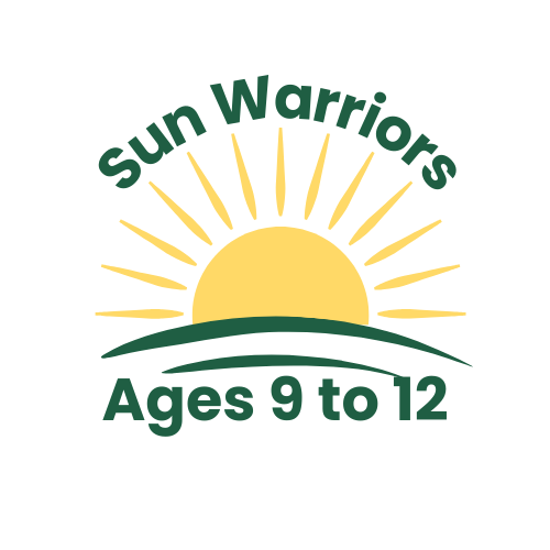 Logo for Sun Warriors, a program for ages 9 to 12, featuring a yellow sun with rays and a green curved line.