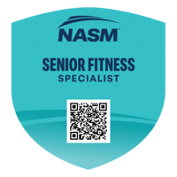 NASM Senior Fitness Specialist certification badge with a QR code