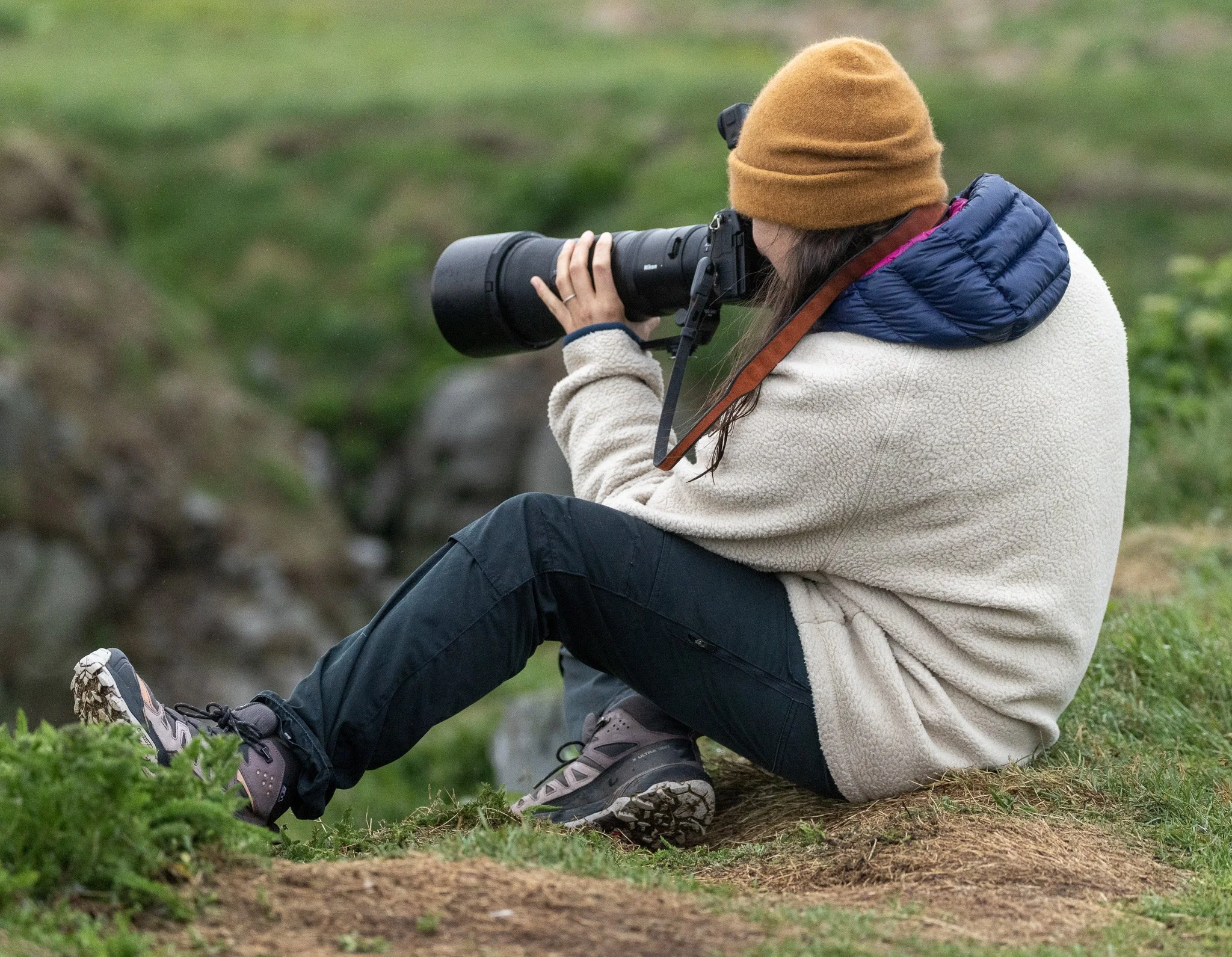 Karen with a camera at the gannet colony.