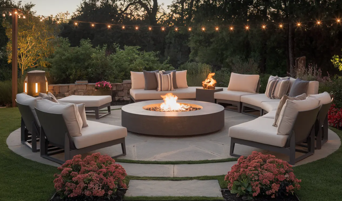 Outdoor patio with a circular fire pit at the center, surrounded by cream-colored cushioned chairs and pillows, with string lights overhead and lush greenery in the background.