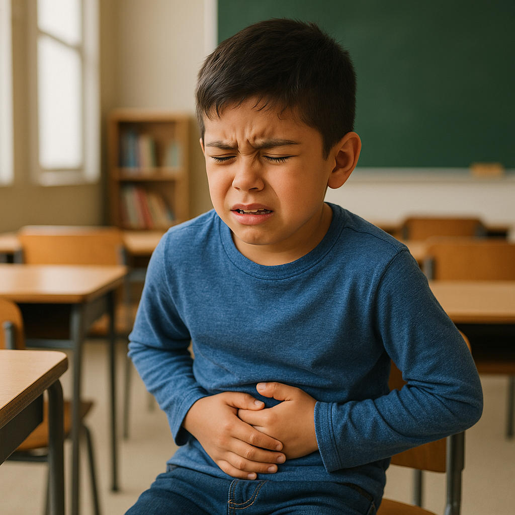 Niño con expresión de dolor o malestar sujetándose el estómago en un aula escolar.