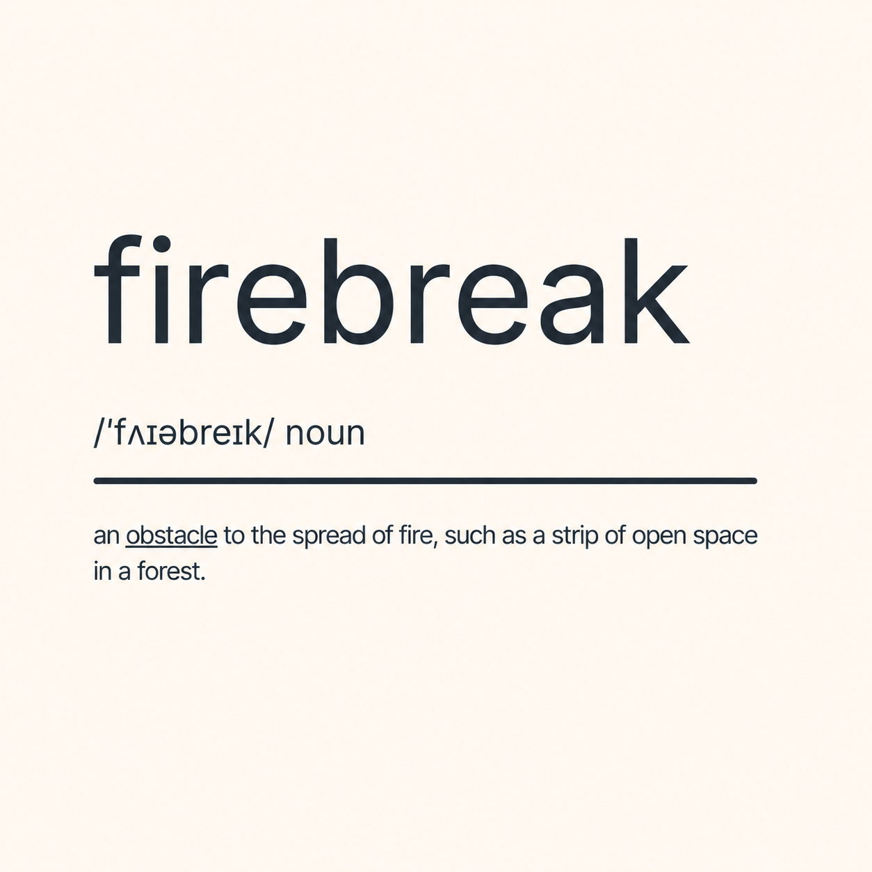 Definition of firebreak from an educational poster, showing pronunciation, noun, and description as an obstacle to the spread of fire such as a strip of open space in a forest.