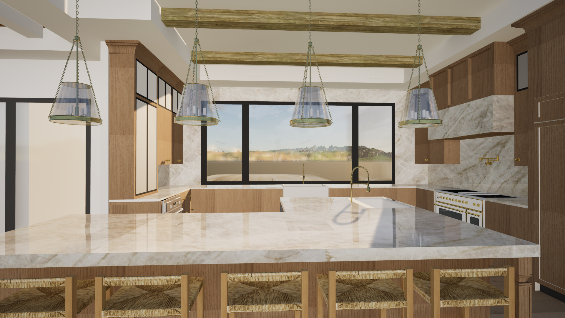 A modern kitchen with a large marble island, wooden cabinets, three pendant lights, a black-framed window showing a landscape, and gold fixtures.