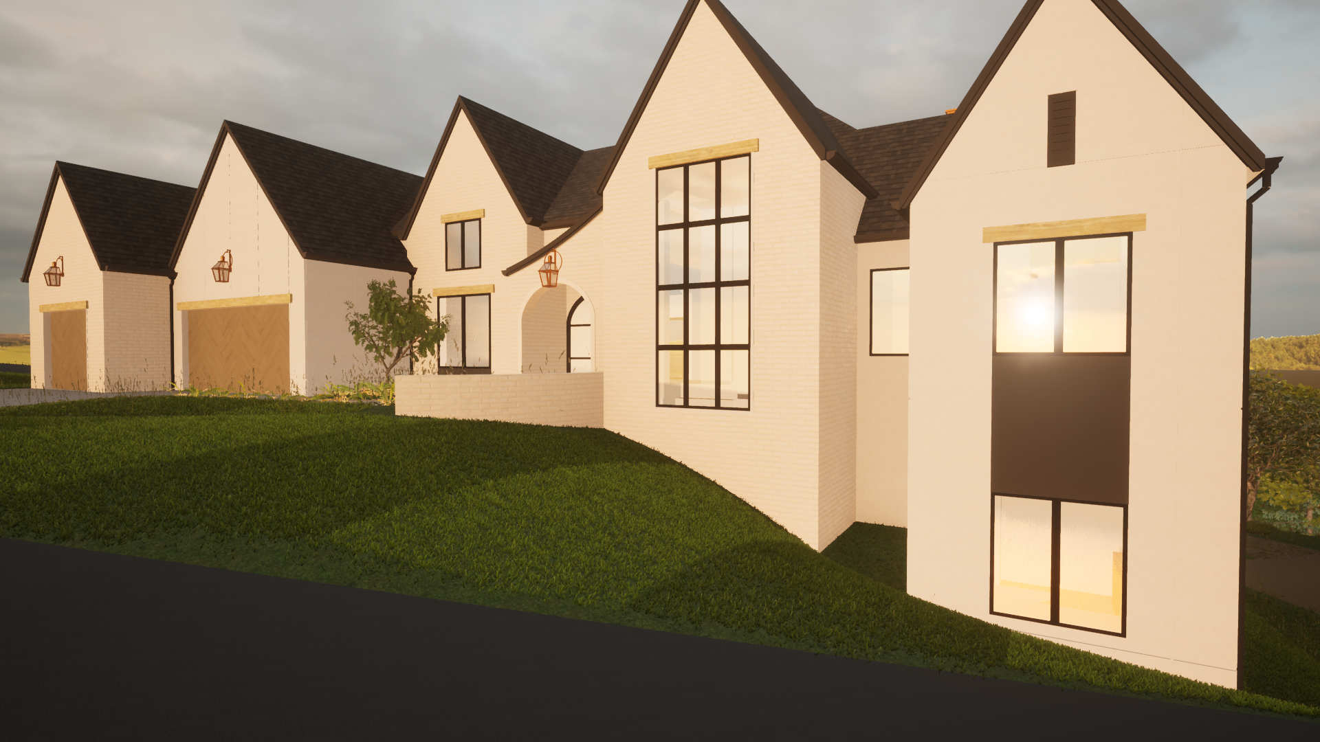 A row of modern white houses with black-framed windows and dark roofs is shown at sunset, with a grassy hill in front and a paved road at the foreground.