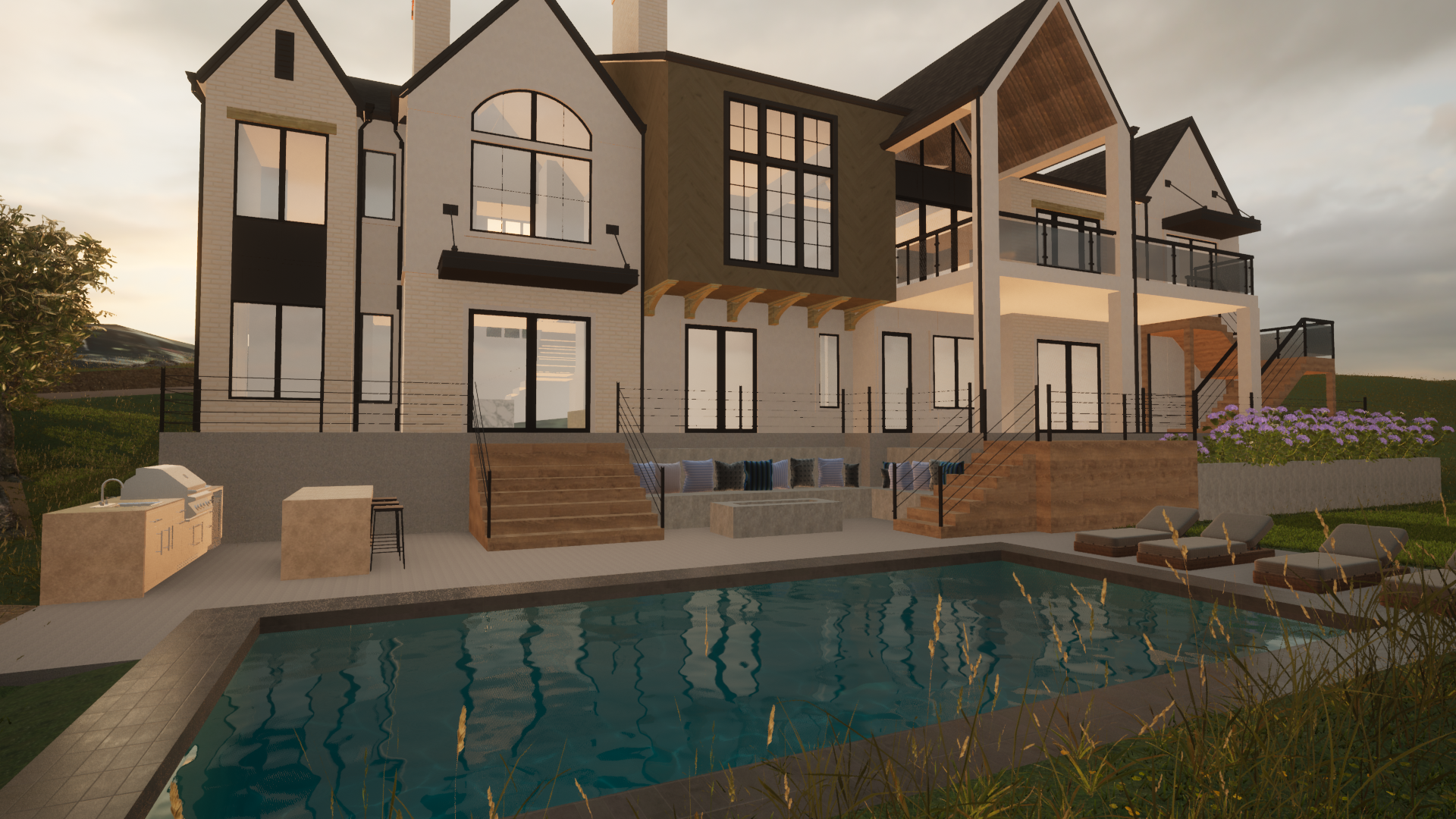 Architectural rendering of a multi-story modern house with a swimming pool, outdoor lounge chairs, and a built-in barbecue area, set on a grassy hill during sunset.