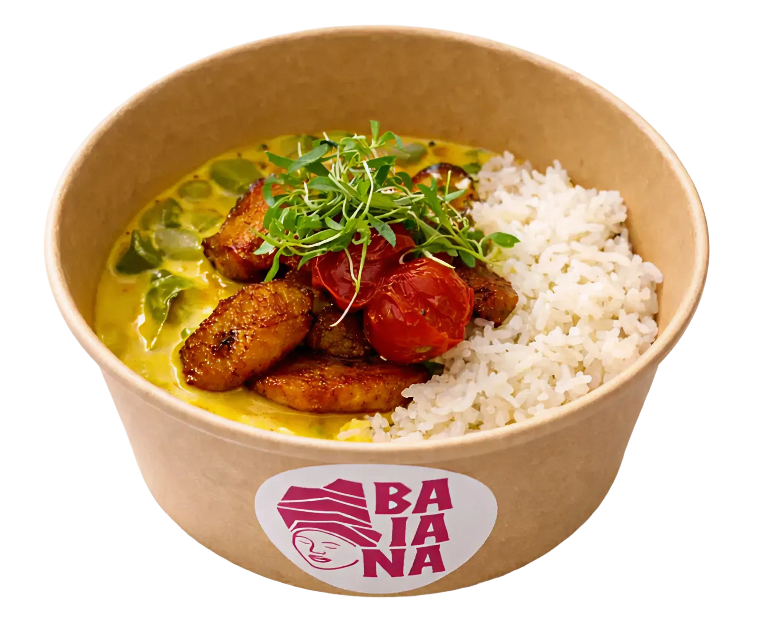 A bowl containing rice, a yellow curry with plantains and microgreens. The bowl has a logo with a pink face and the text 'BAIANA'.