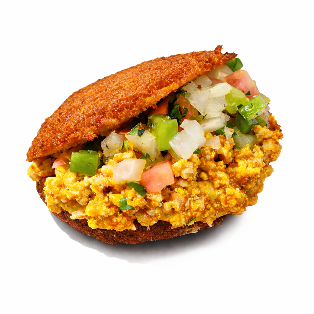 Close-up of a Acaraje, with chicken, and chopped onions on top, against a white background.