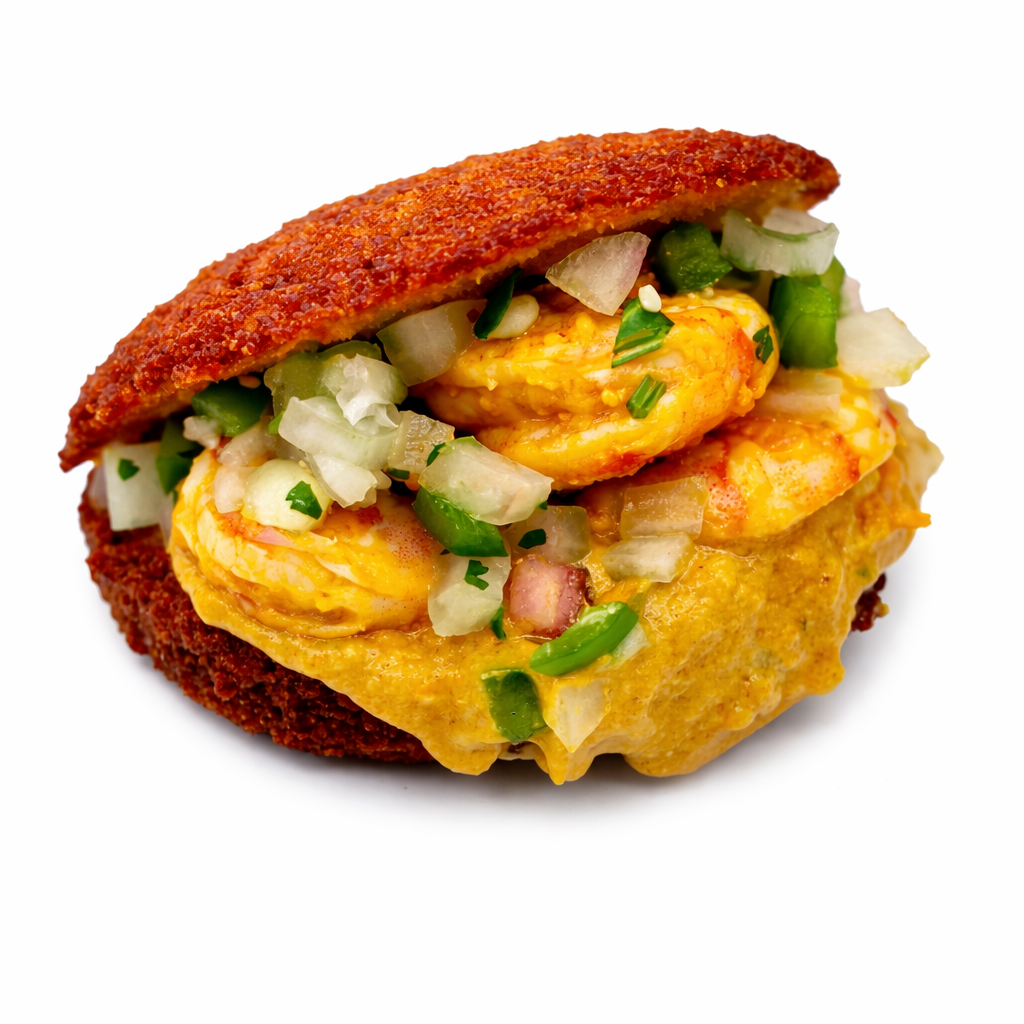 Close-up of a Acaraje, with shrimp, and chopped onions on top, against a white background.