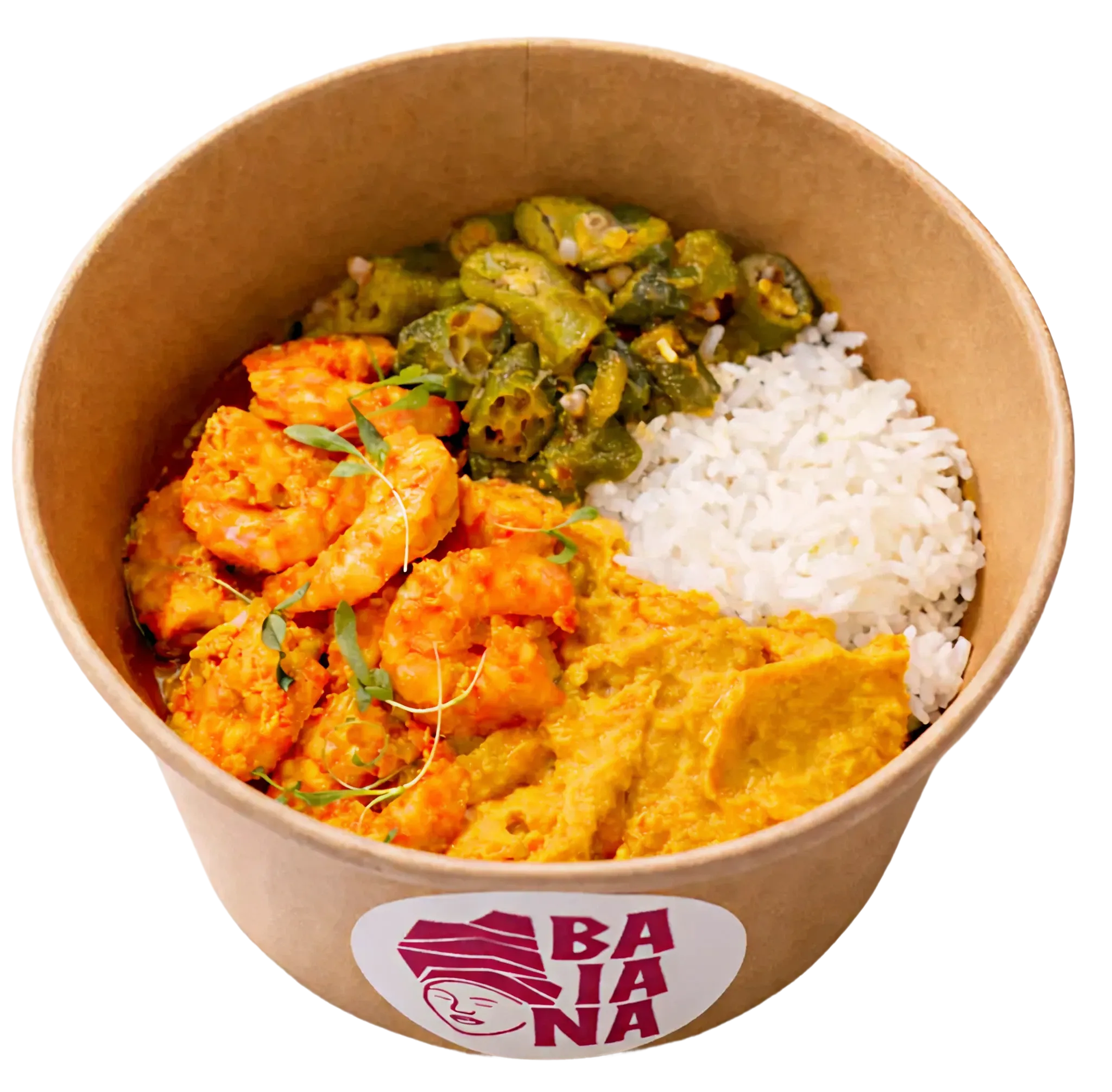 Bowl of Brazilian food with rice, shrimp, curry, and vegetable curry in a brown paper bowl with a Baiana logo.