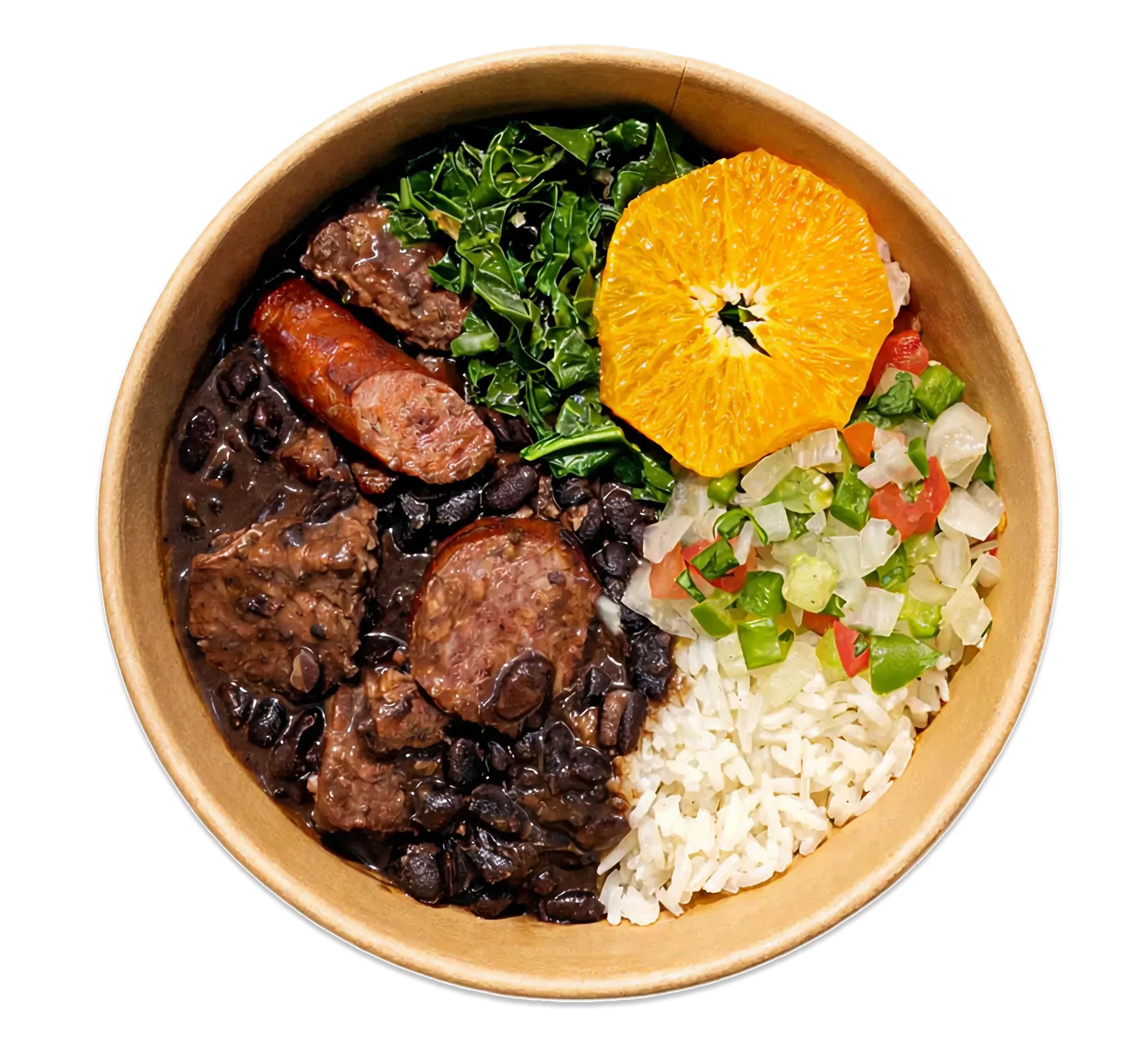 Bowl of Brazilian food with black beans, rice, green vegetables, orange slice, and Brazilian salsa.