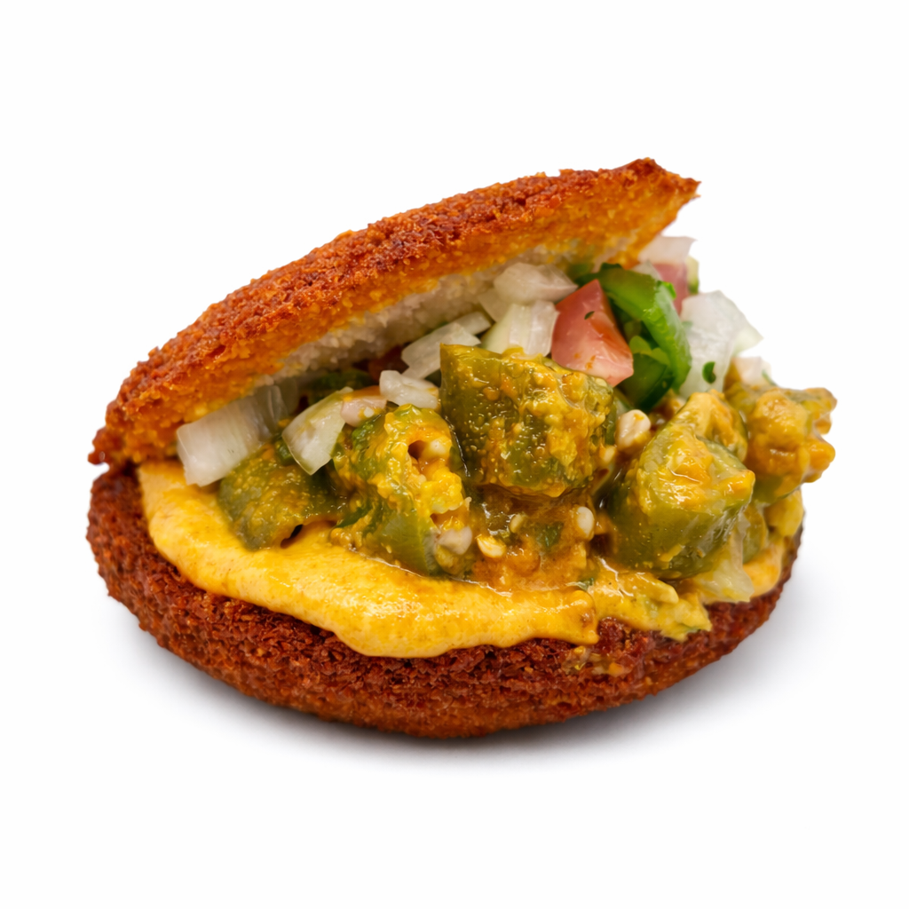Close-up of a crispy fried bread Acaraje, with okra.