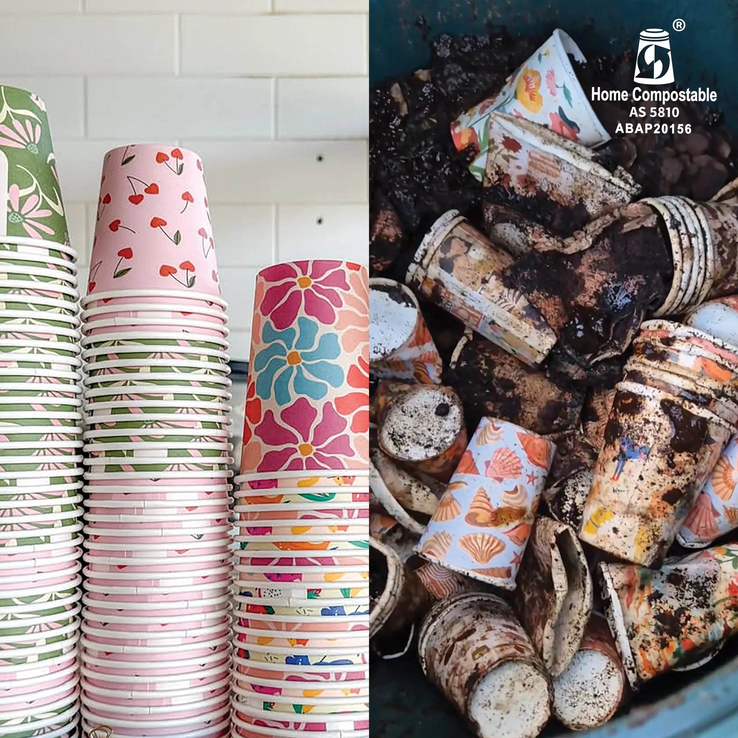 Left side shows stacks of colorful paper cups with floral and cherry patterns, and right side shows used, dirty paper cups with seashell, coral, and starfish designs, some charred or covered in dirt.