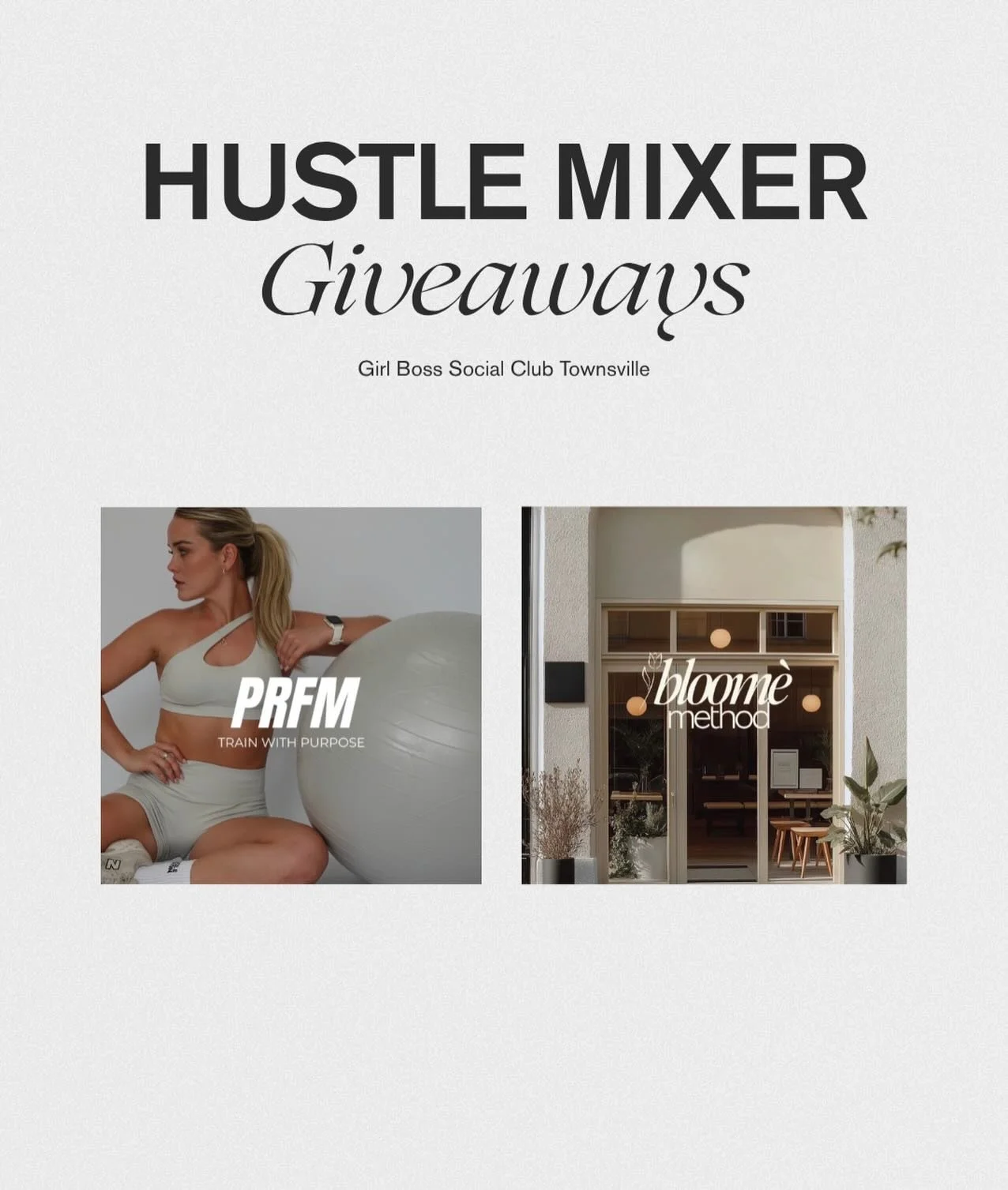 This Thursday at our Hustle Mixer we have 2 amazing giveaways coming your way! 

Emily from @_prfm_ is giving away a 4 week Online Training Voucher valued at $230!

Jaimee from @bloomethemethod is giving away a 1:1 session voucher! 

One more day to 