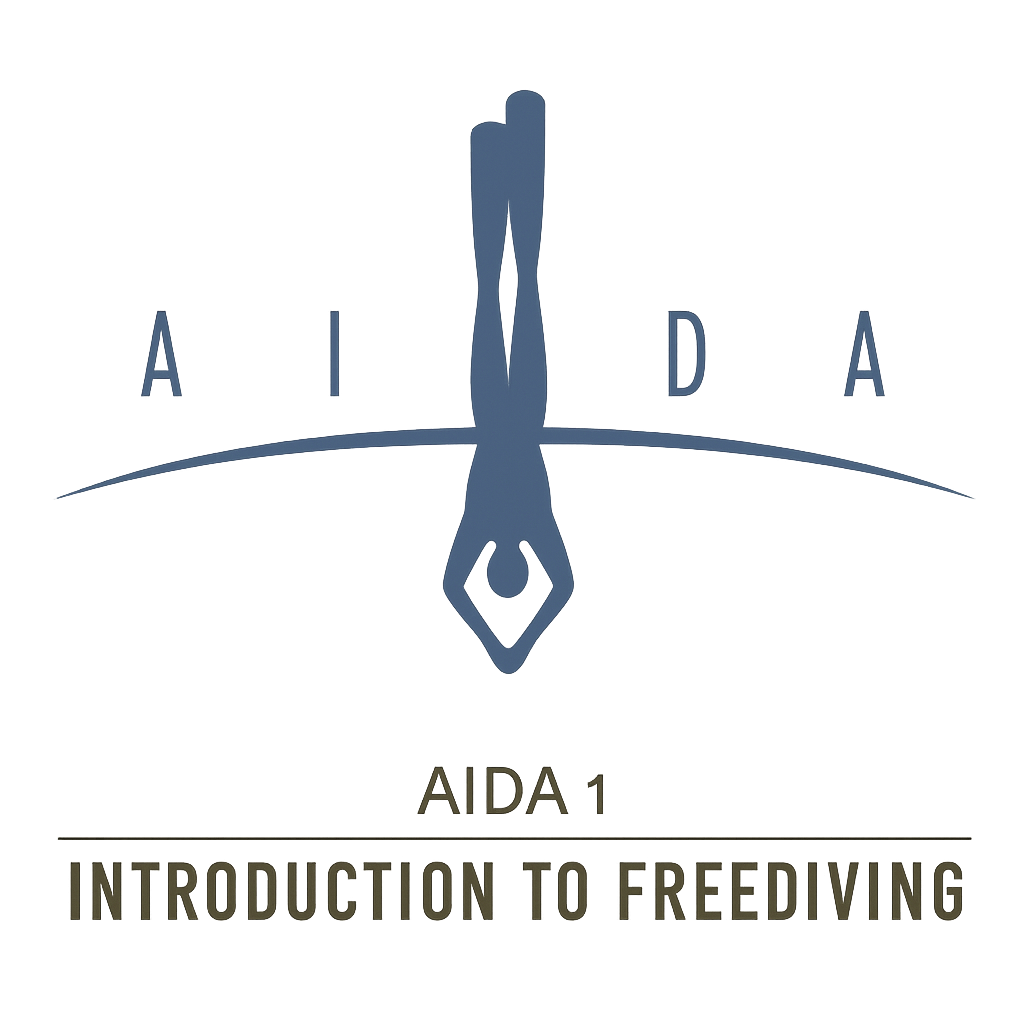 Logo for AIDA1 titled 'Introduction to Freediving' featuring a stylized illustration of a freediver with fins, set against a backdrop of underwater scenery with a house and trees.