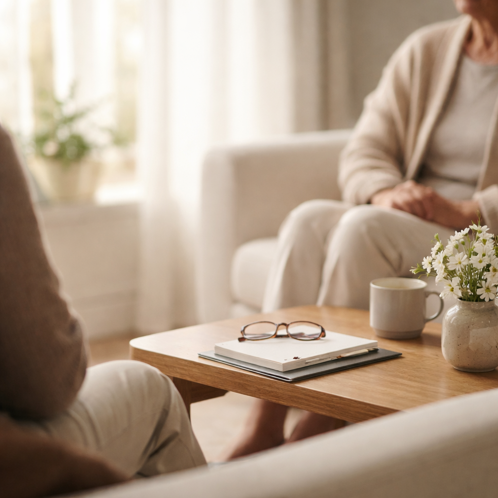 A quiet, sunlit living room arranged for a private care consultation, conveying calm, trust, and presence without visible faces.