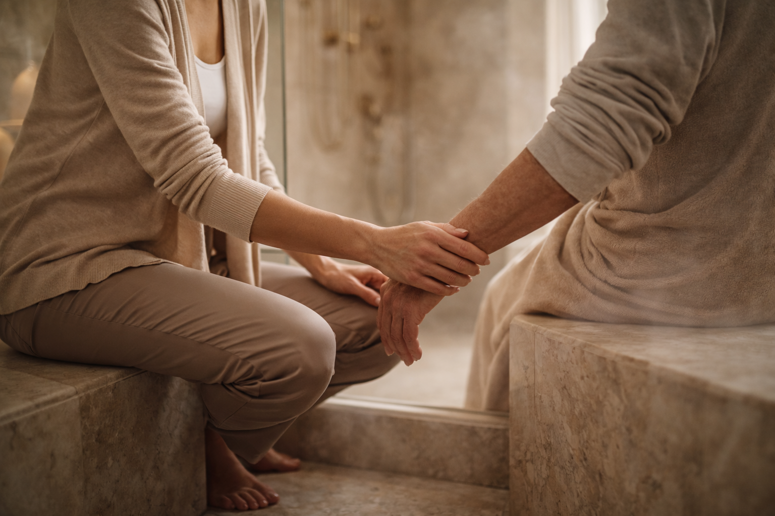 A professional caregiver gently supporting an older adult by the edge of a marble shower in a calm, high-end home, emphasizing dignity, safety, and respectful in-home senior care.