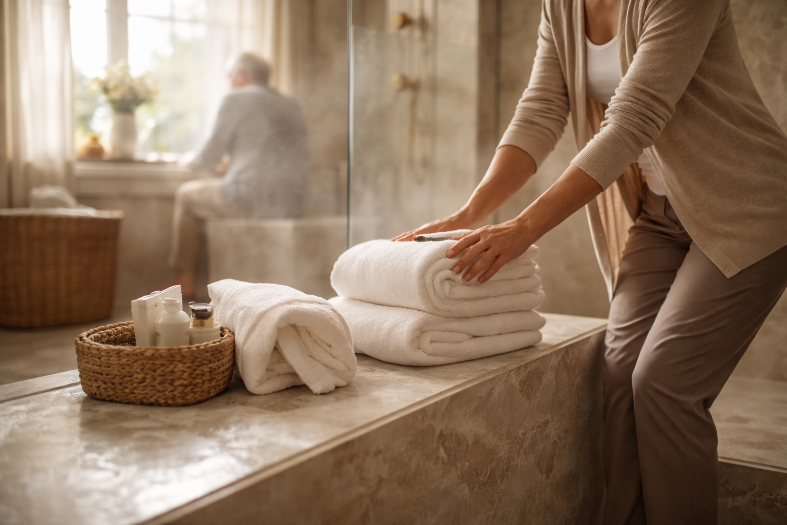 Caregiver’s hands arranging folded white towels beside a steamy marble shower in a warm, sunlit bathroom, suggesting calm and discreet in-home senior care.