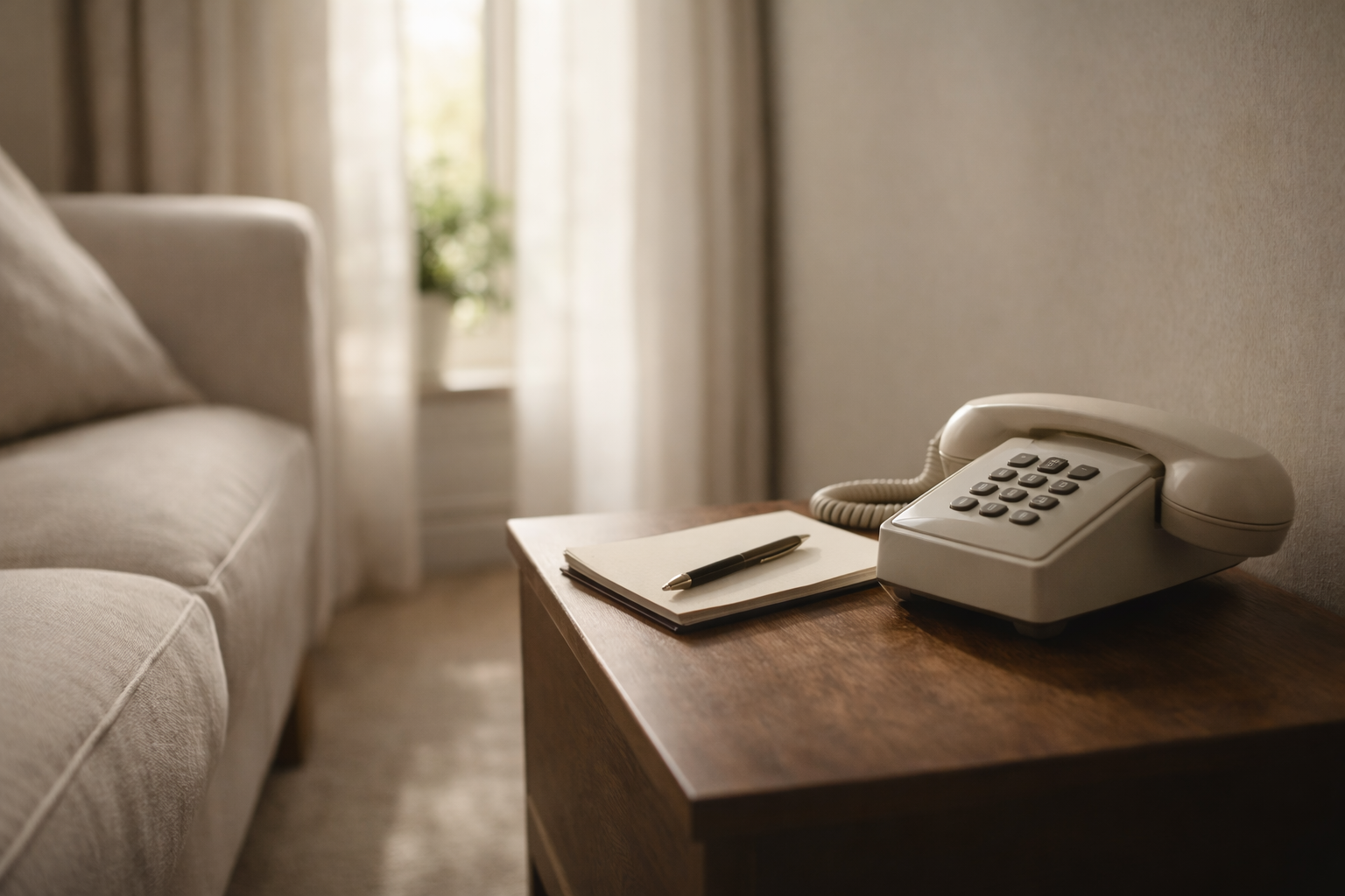 A quiet, sunlit living room detail prepared for a private care conversation, conveying calm, readiness, and discretion.
