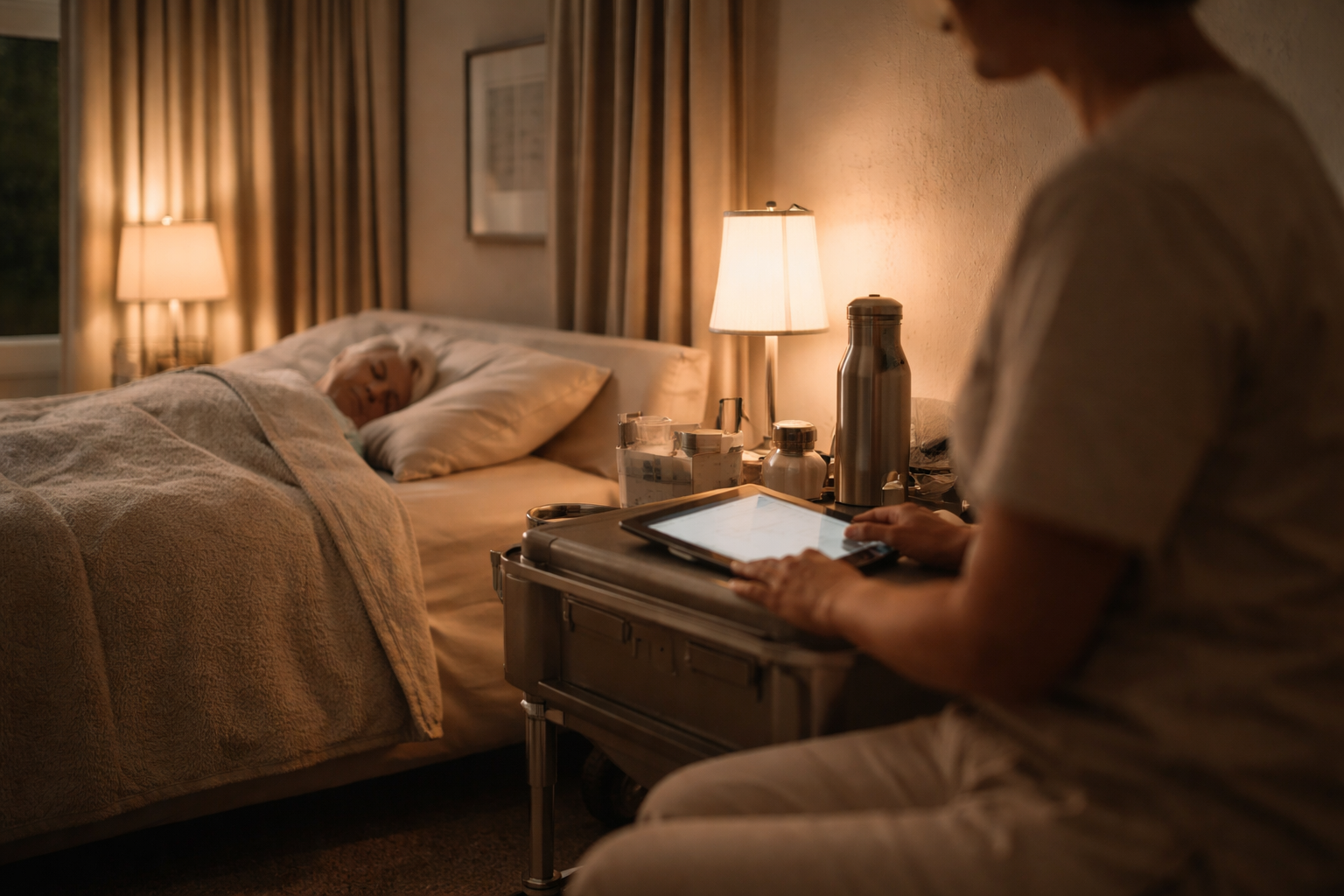 Caregiver present overnight in a softly lit bedroom while an older adult rests, reflecting continuous, attentive in-home care.