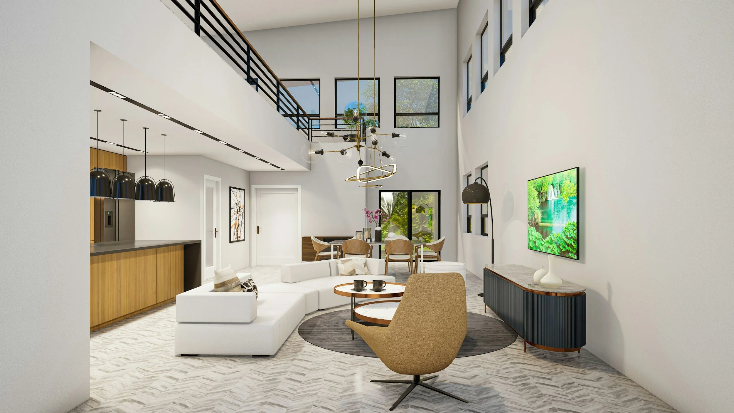 Modern living room with white walls, high ceiling, large windows, white sectional sofa, beige armchair, round coffee table with cups, black TV on a wood TV stand, wall-mounted black lamp, dining area with wooden table and chairs, kitchen bar with black pendant lights, and contemporary chandelier.