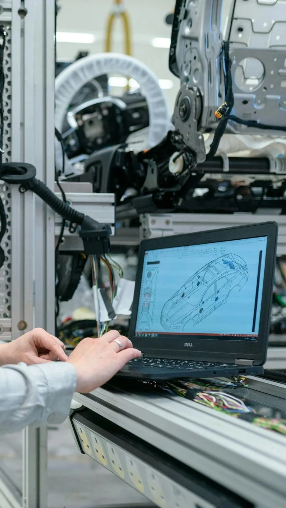 A person working with automotive engineering, analyzing a car design on a laptop, in an industrial setting with car parts and wiring.