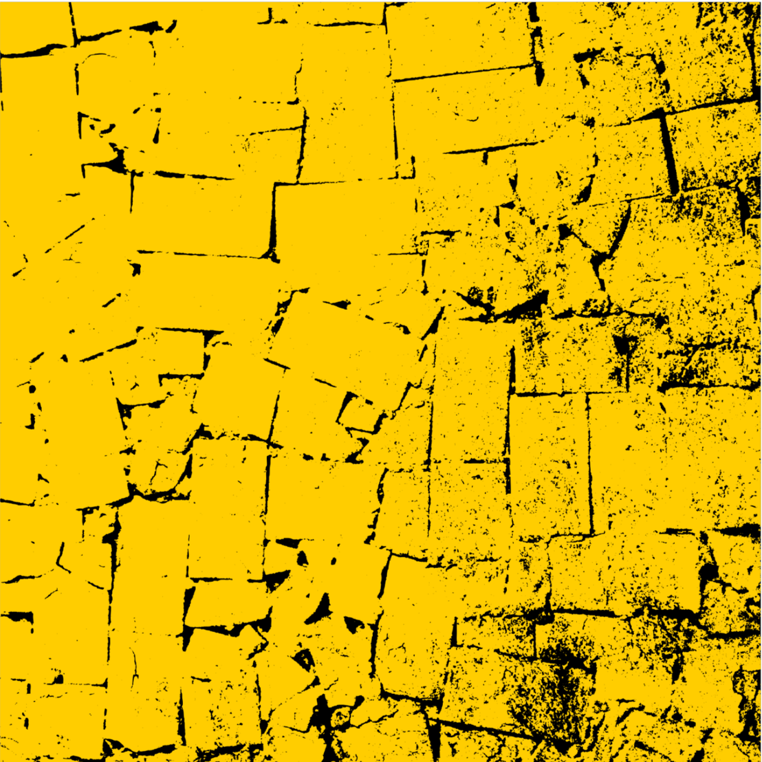 A yellow and black abstract pattern resembling cracked or broken tiles or bricks.